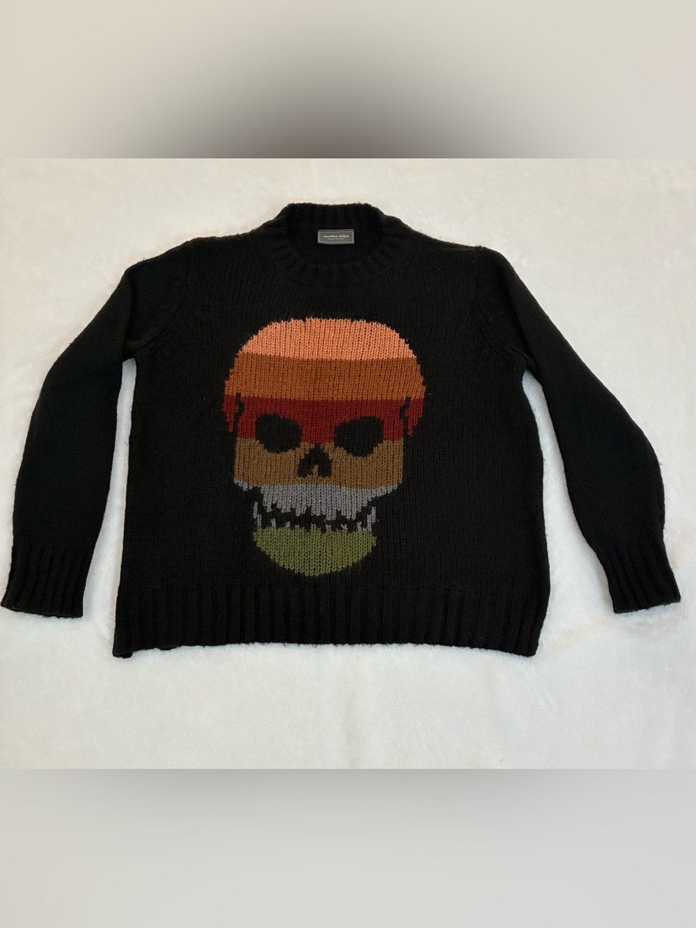 Wooden Ships Autumn Stripe Skull Sweater Black Oversized Medium M Knit Goth Hall